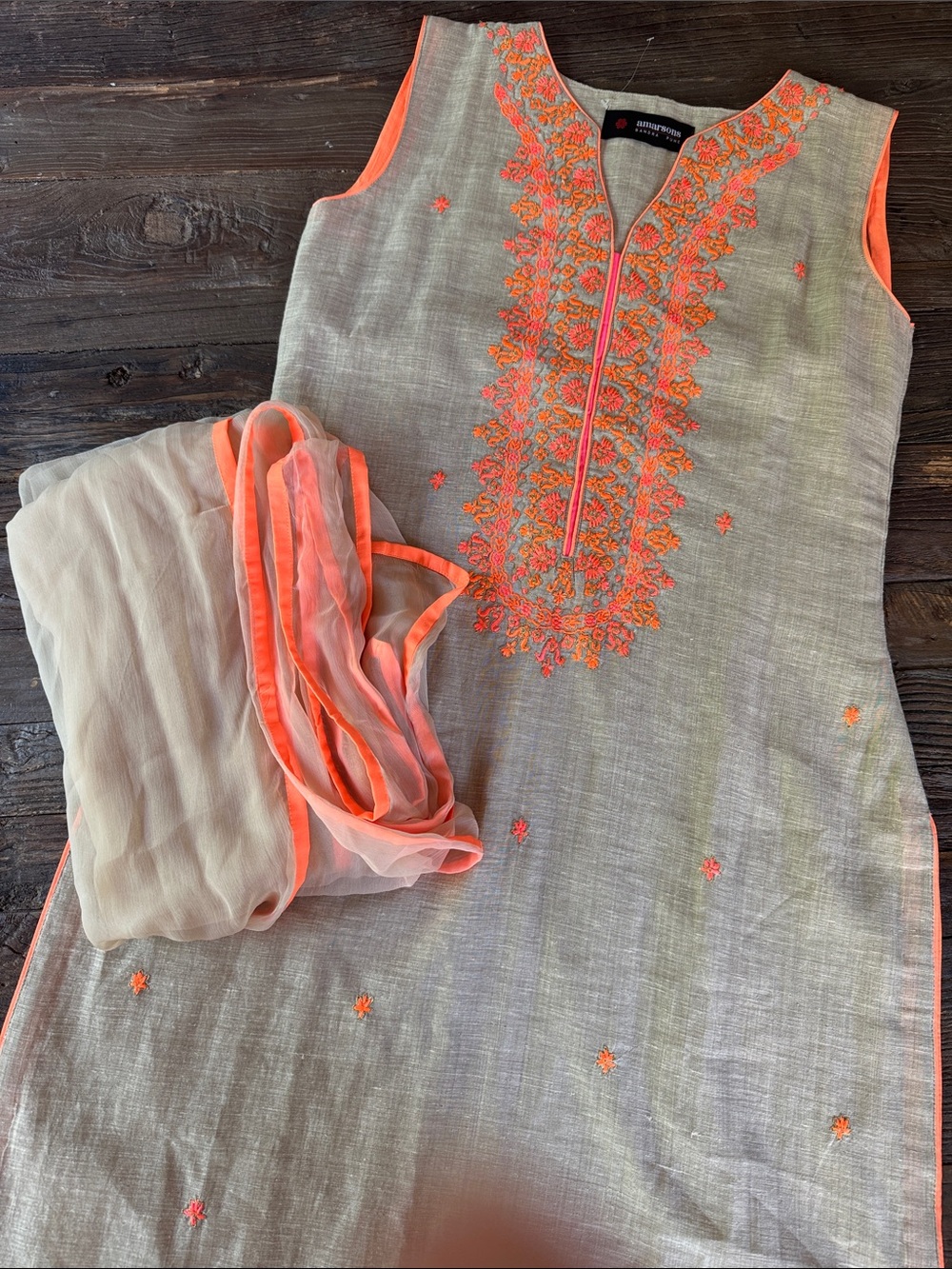 Amarsons‎ Punjabi kurti 3 piece set linen embroidered dress neon orange & pink S
